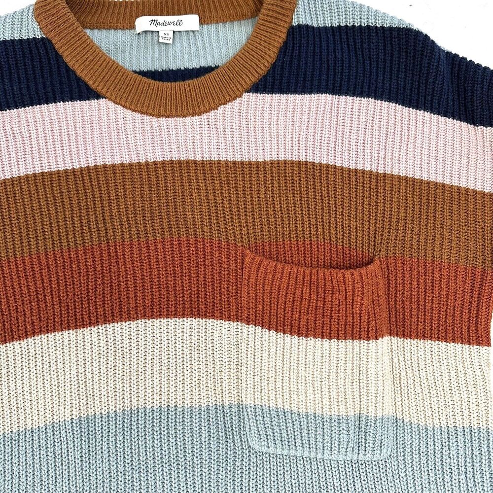 Madewell Pullover Sweater XS Pocket Rainbow Stripe Thompson Hi Low Fawn Boxy - Picture 6 of 11